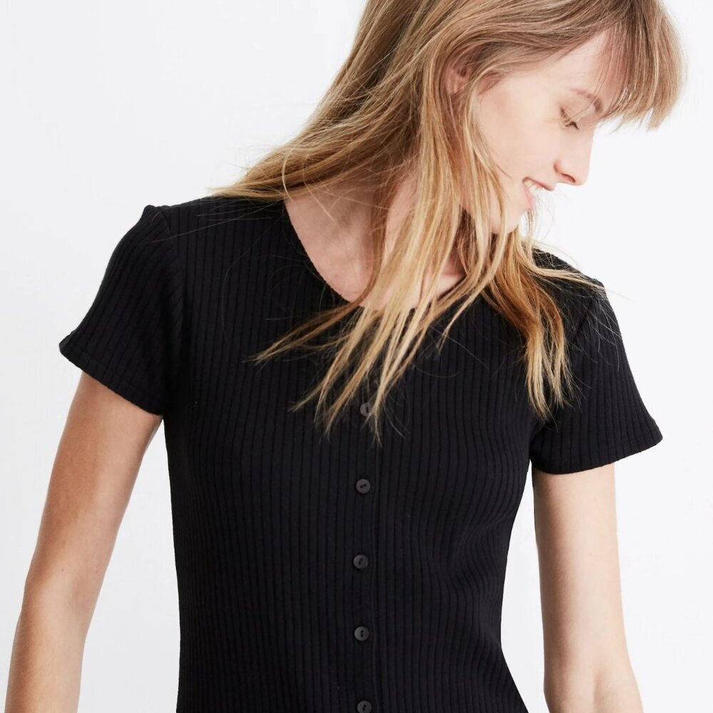 Madewell Button-Front Ribbed Mini Dress - Picture 3 of 9